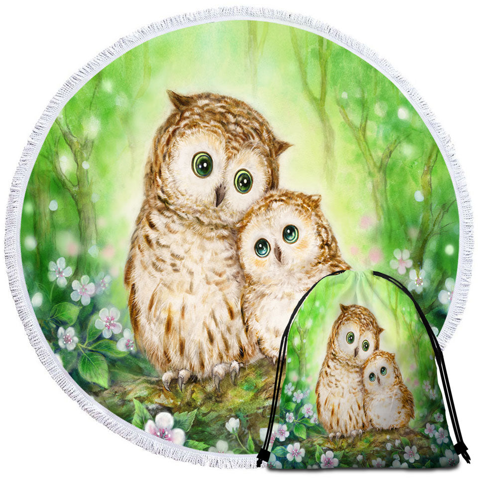 Green Beach Towels Forest and Flowers Owls Cuddle