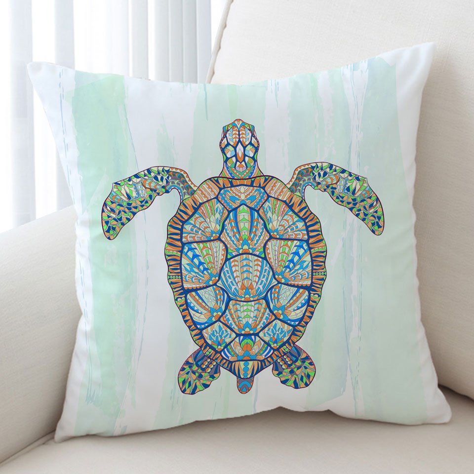 Green Blue Artistic Turtle Throw Pillow