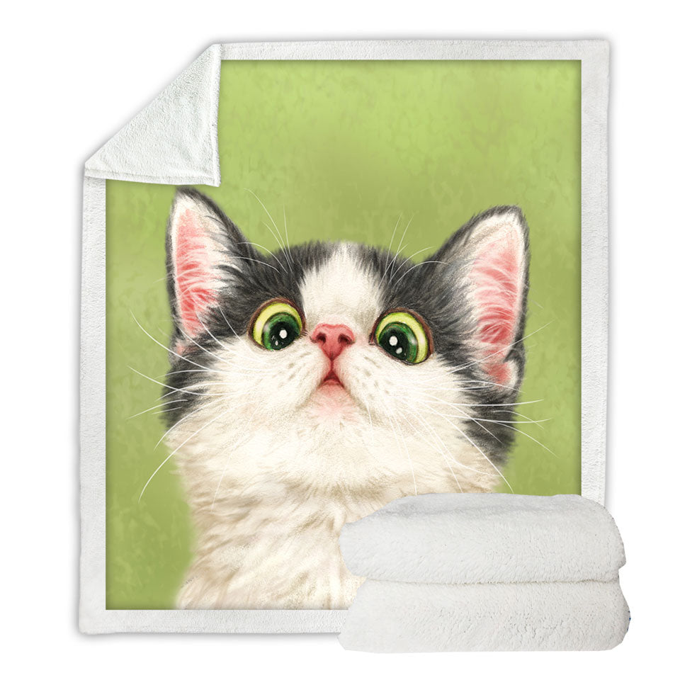 Green Eyes Grey White Kitten Cat Sherpa Blanket