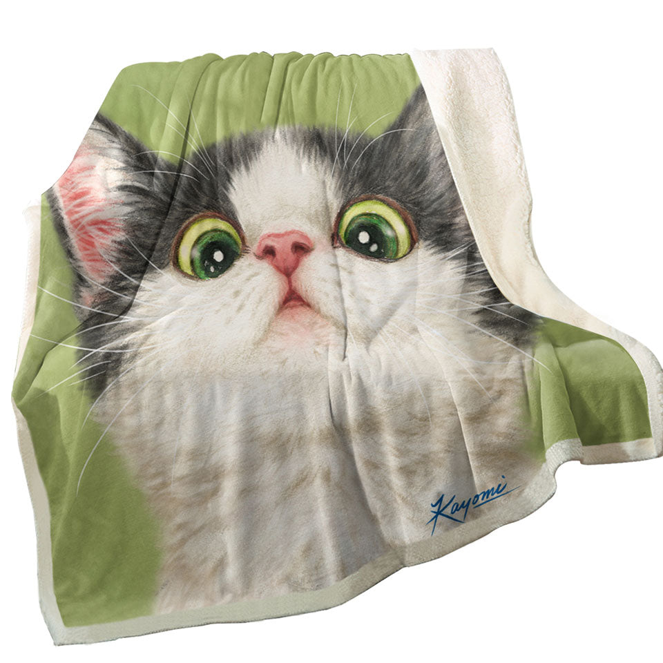 Green Eyes Grey White Kitten Cat Throw Blanket