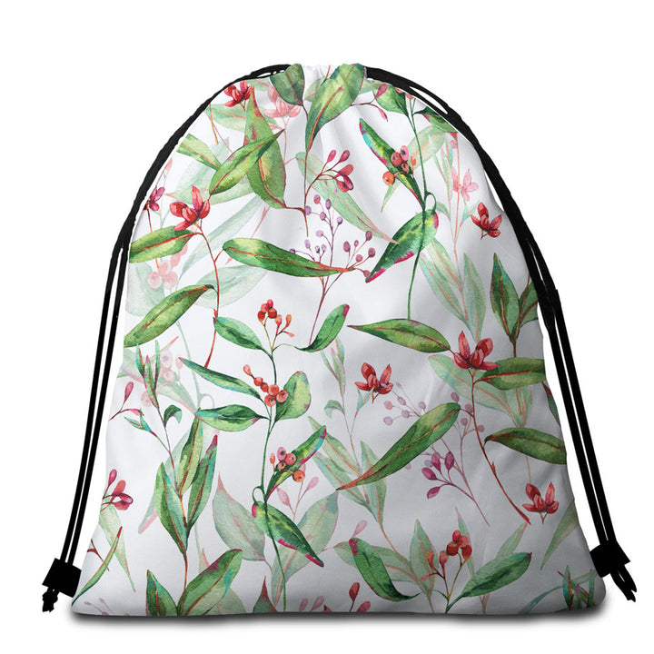 Green Leaves and Berries Beach Towel Bags