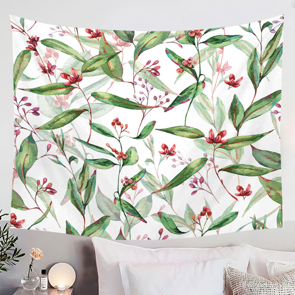 Green Leaves and Berries Wall Decor Tapestry