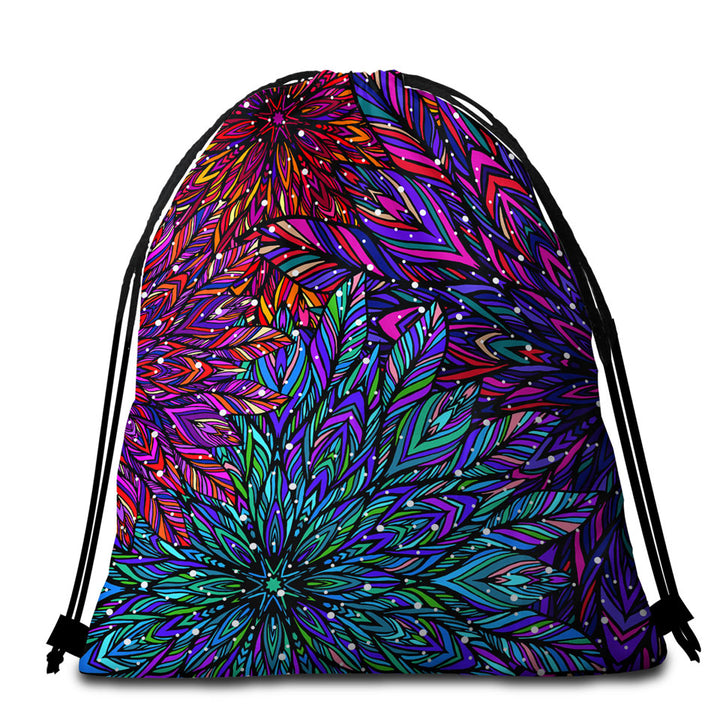 Green Purple Artistic Beach Towel Bags Feathers Design