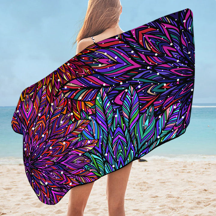 Green Purple Artistic Microfibre Beach Towels Feathers Design