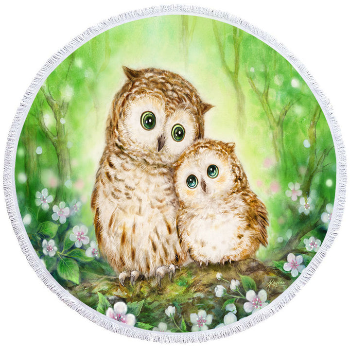 Green Round Beach Towels Forest and Flowers Owls Cuddle