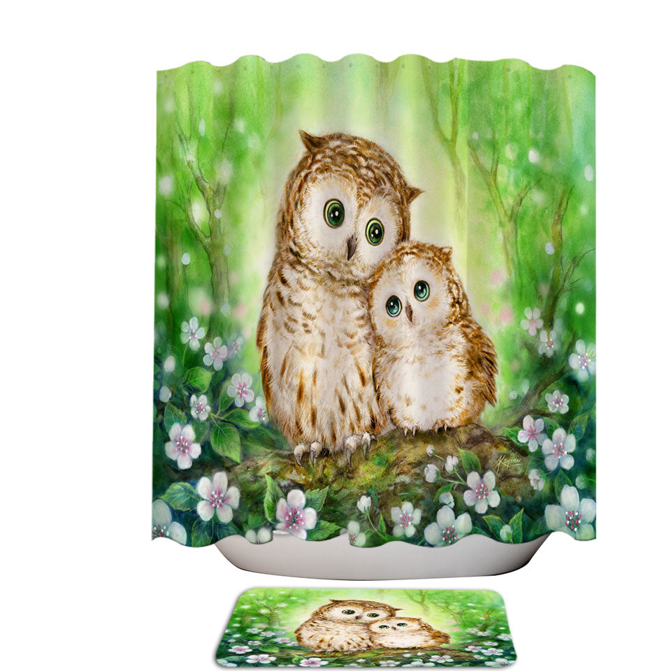 Green Shower Curtains Forest and Flowers Owls Cuddle
