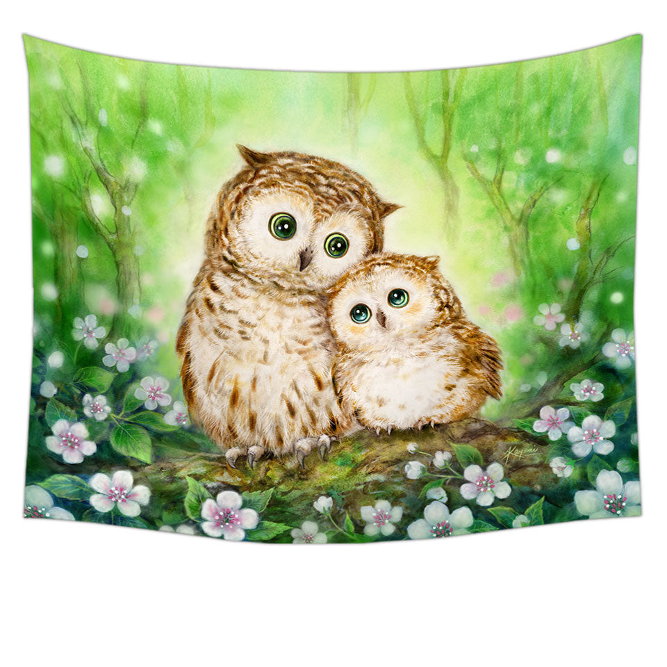 Green Tapestry and Wall Decor Forest and Flowers Owls Cuddle
