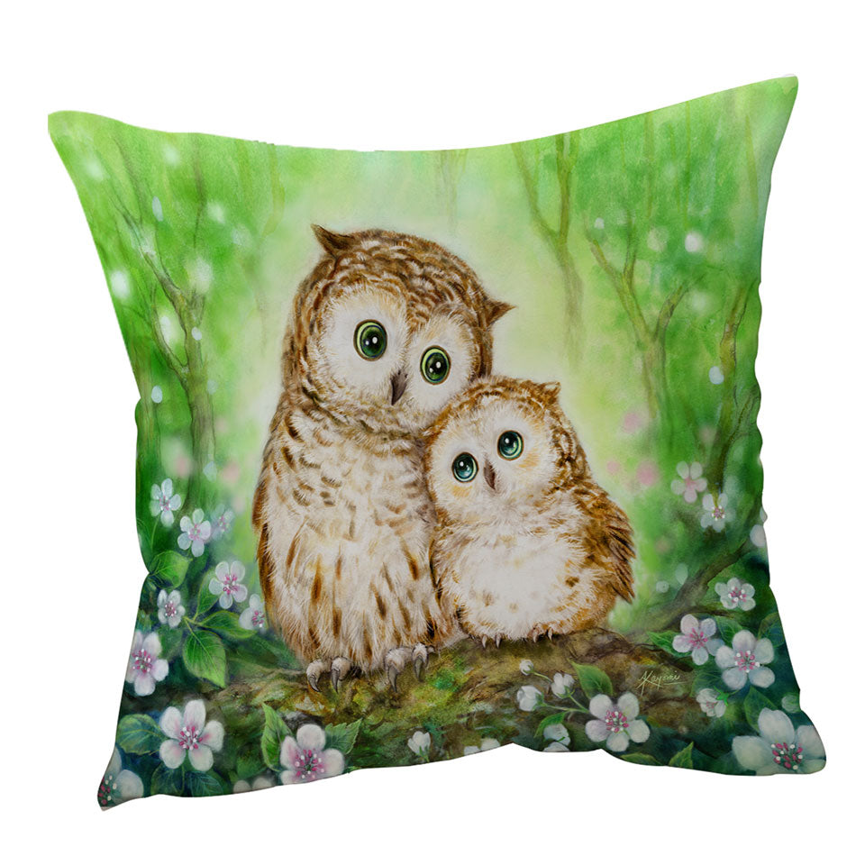 Green Throw Pillows Forest and Flowers Owls Cuddle