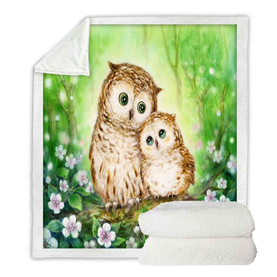 Green Throws Forest and Flowers Owls Cuddle