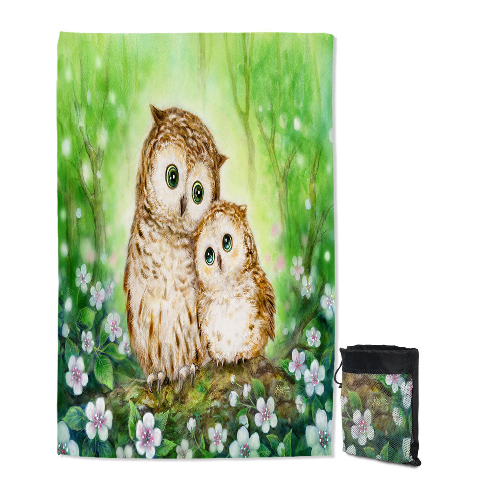 Green Travel Beach Towel Forest and Flowers Owls Cuddle