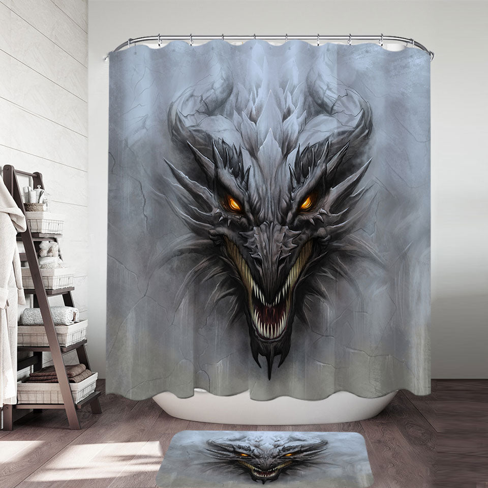 Grey Concrete Scary Dragon Shower Curtains for Guys