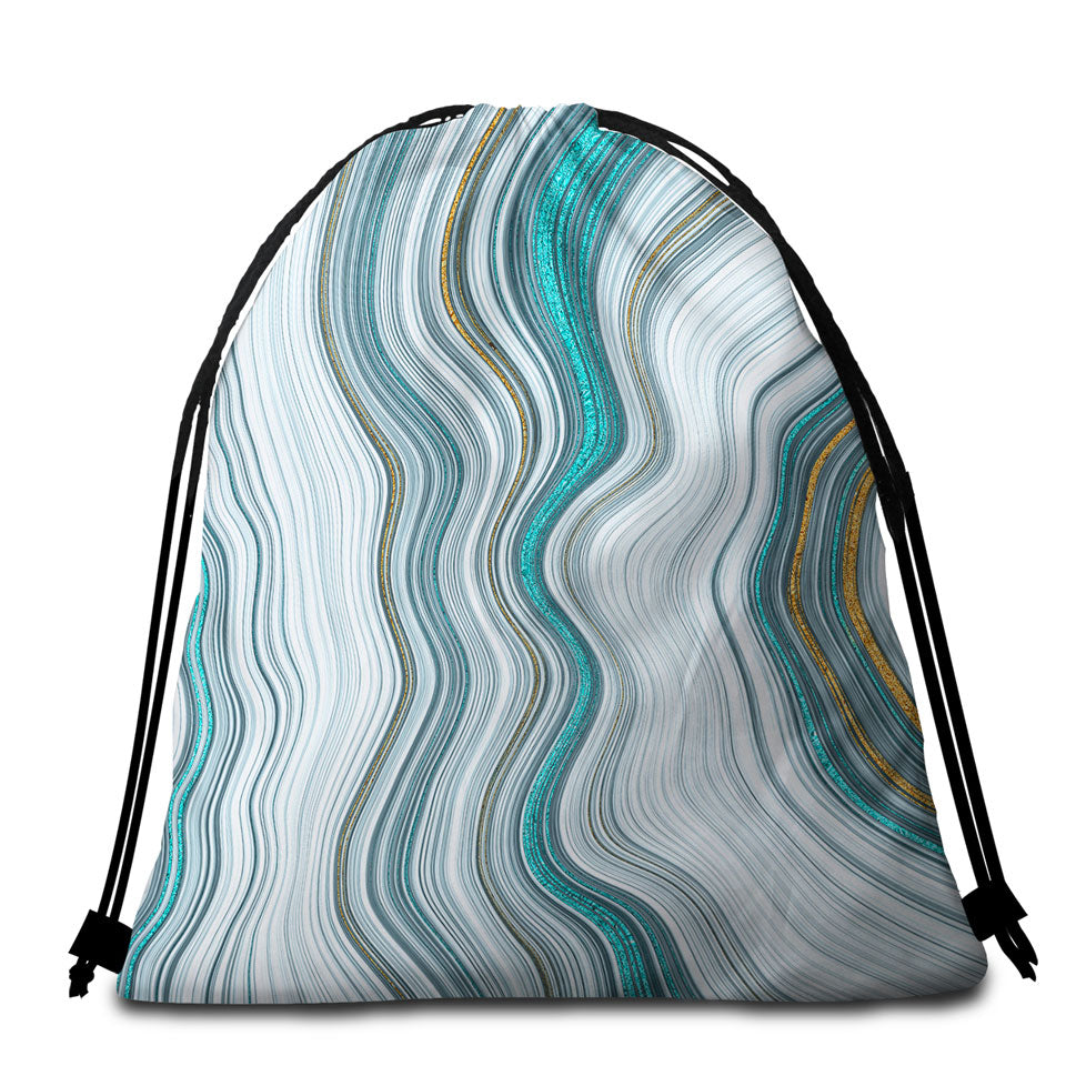 Greyish Blue and Golden Marble Beach Towel Bags