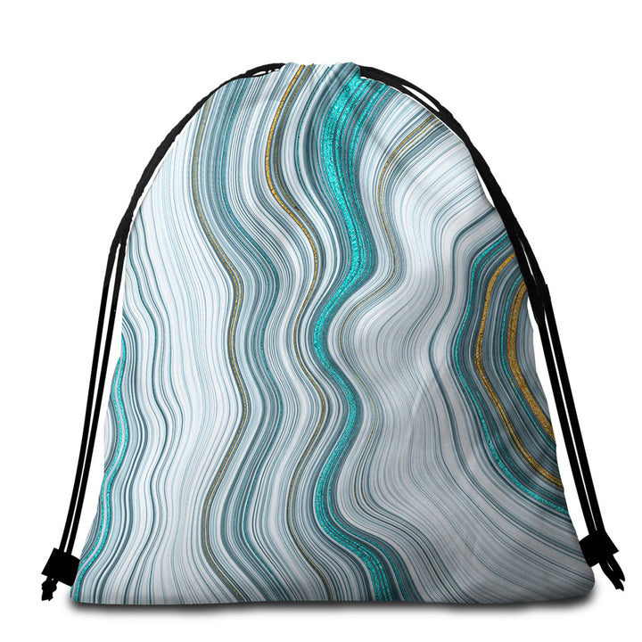 Greyish Blue and Golden Marble Beach Towel Bags