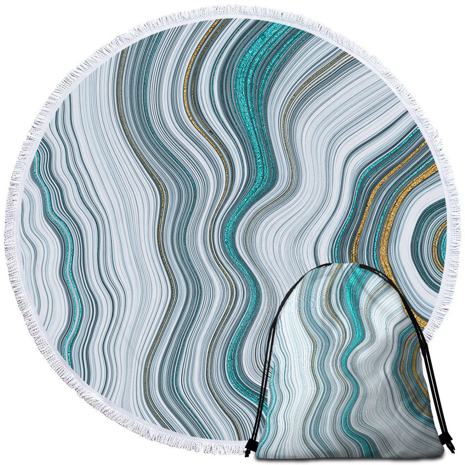 Greyish Blue and Golden Marble Round Beach Towel