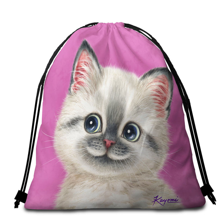 Greyish Kitty Cat over Pink Beach Towel Bags for Girls