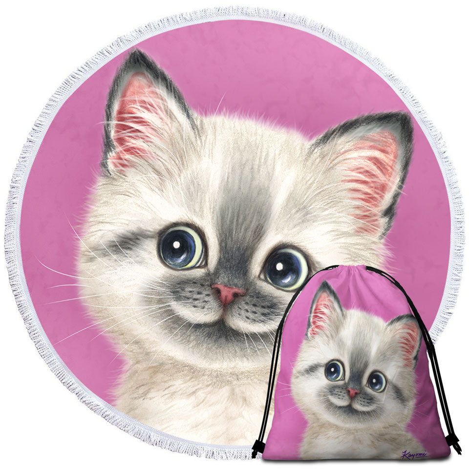 Greyish Kitty Cat over Pink Beach Towels and Bags Set for Girls