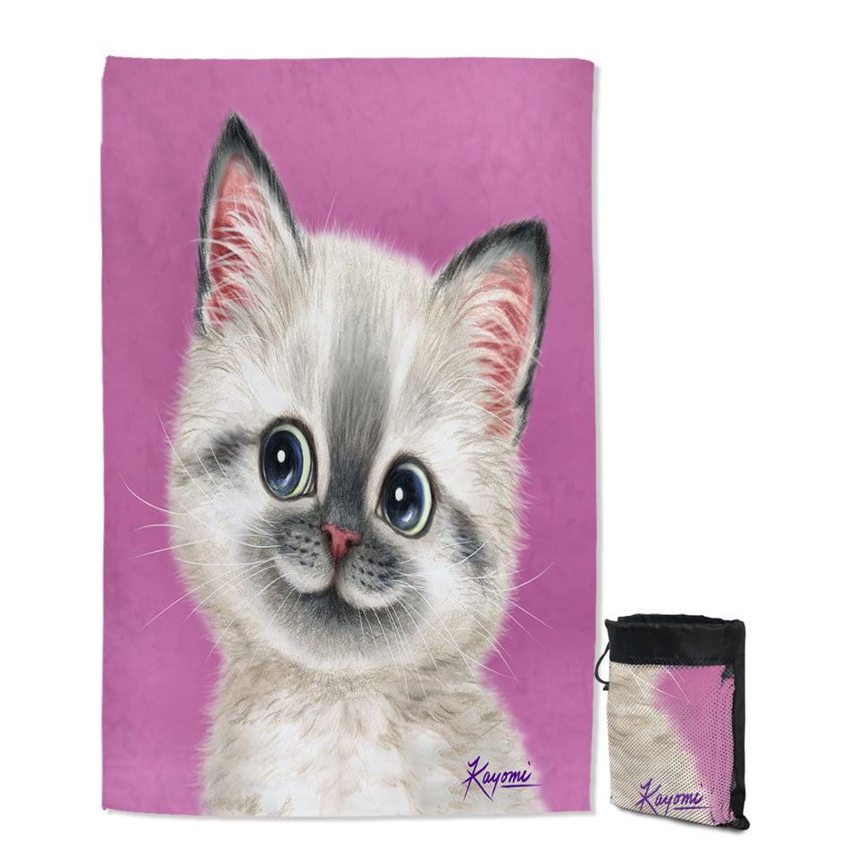 Greyish Kitty Cat over Pink Lightweight Beach Towel for Girls