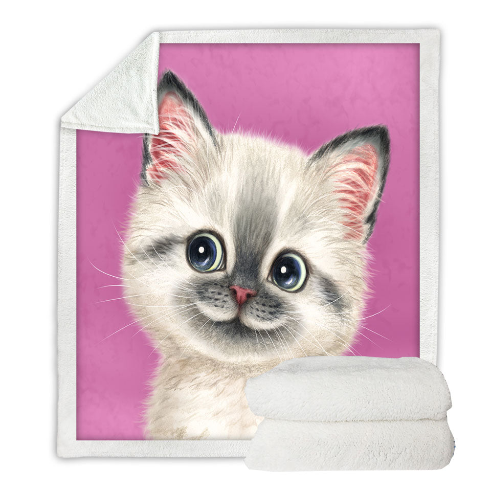 Greyish Kitty Cat over Pink Throw Blankets for Girls