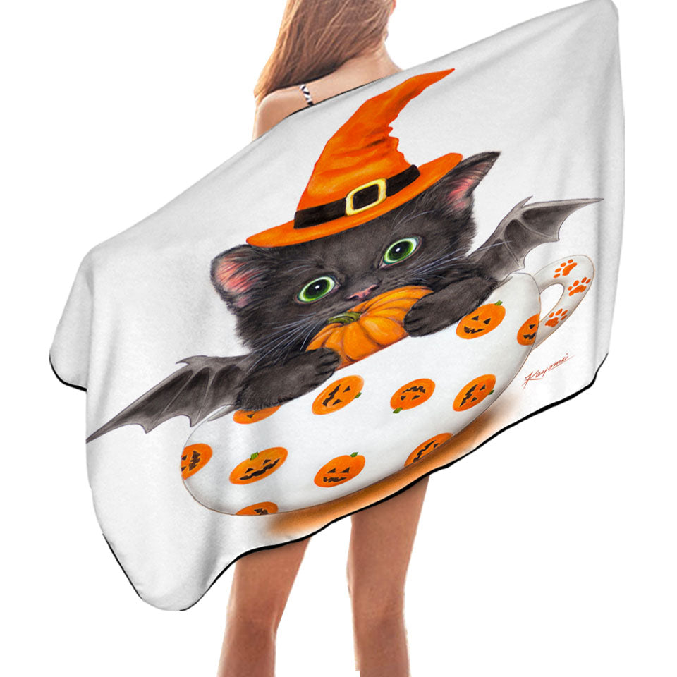 Halloween Beach Towels Cat the Pumpkin Cup Bat Kitten