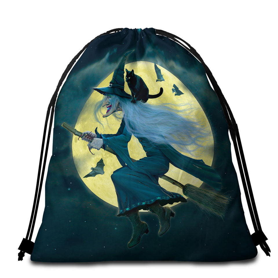 Halloween Cool Moonlight Cat and Witch Beach Towel Bags