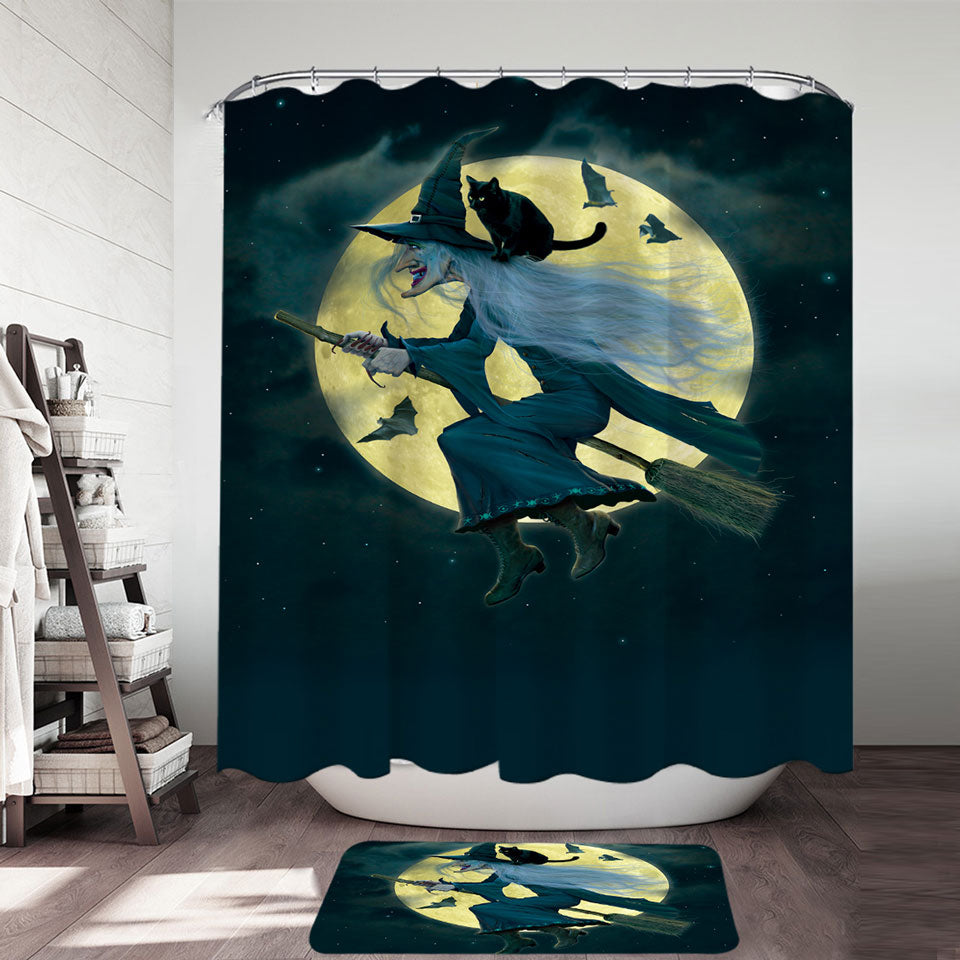 Halloween Cool Moonlight Cat and Witch Shower Curtain