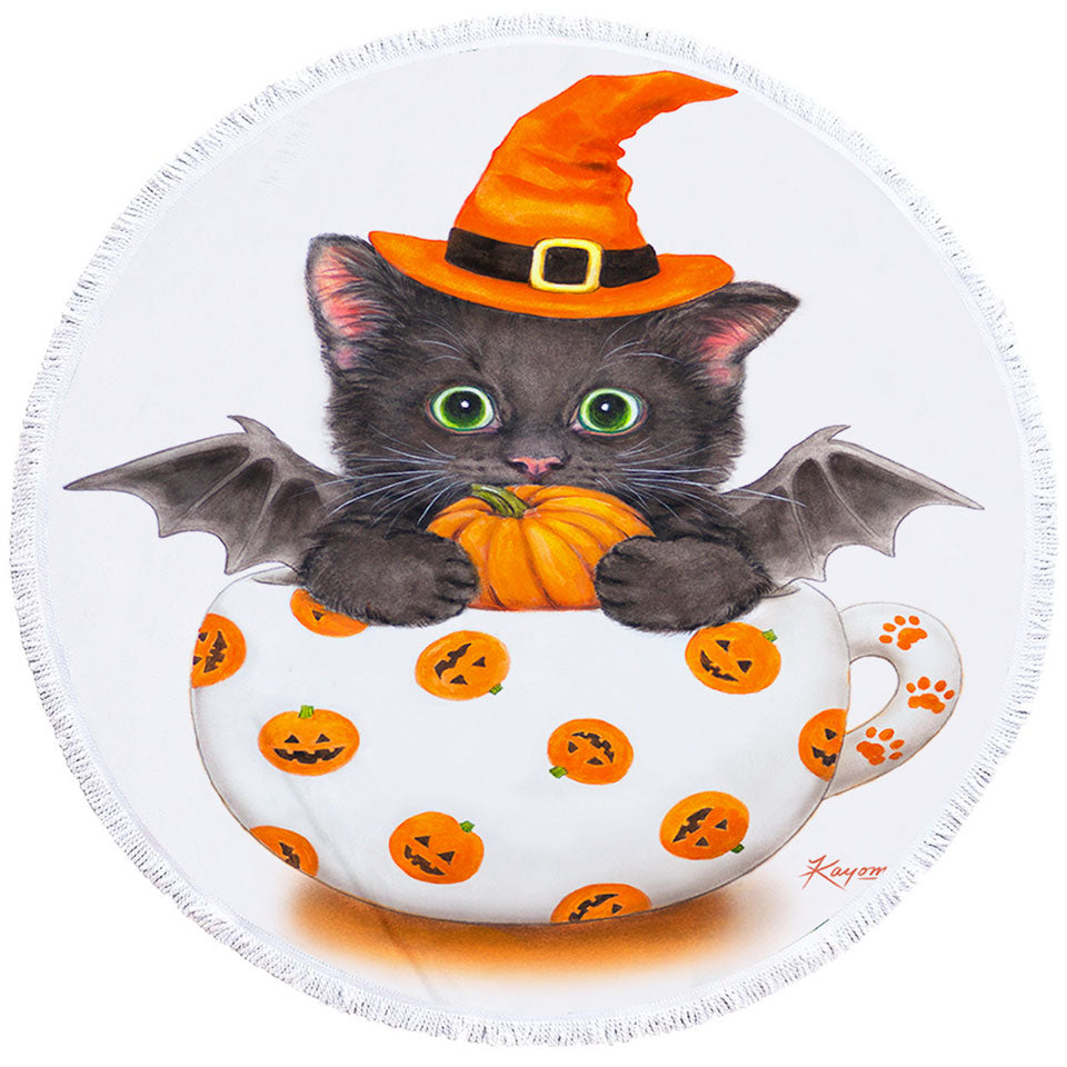Halloween Round Beach Towel Cat the Pumpkin Cup Bat Kitten