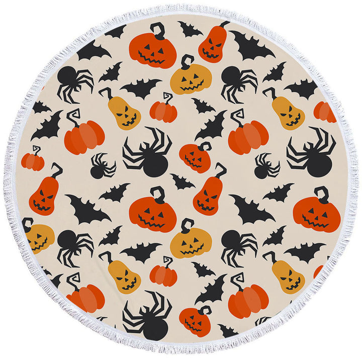 Halloween Round Towel Scary Pumpkins Bats and Spiders