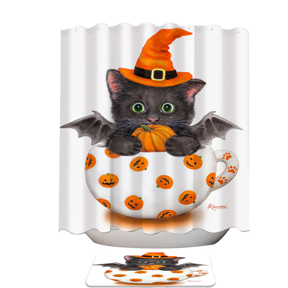 Halloween Shower Curtains with Cat the Pumpkin Cup Bat Kitten