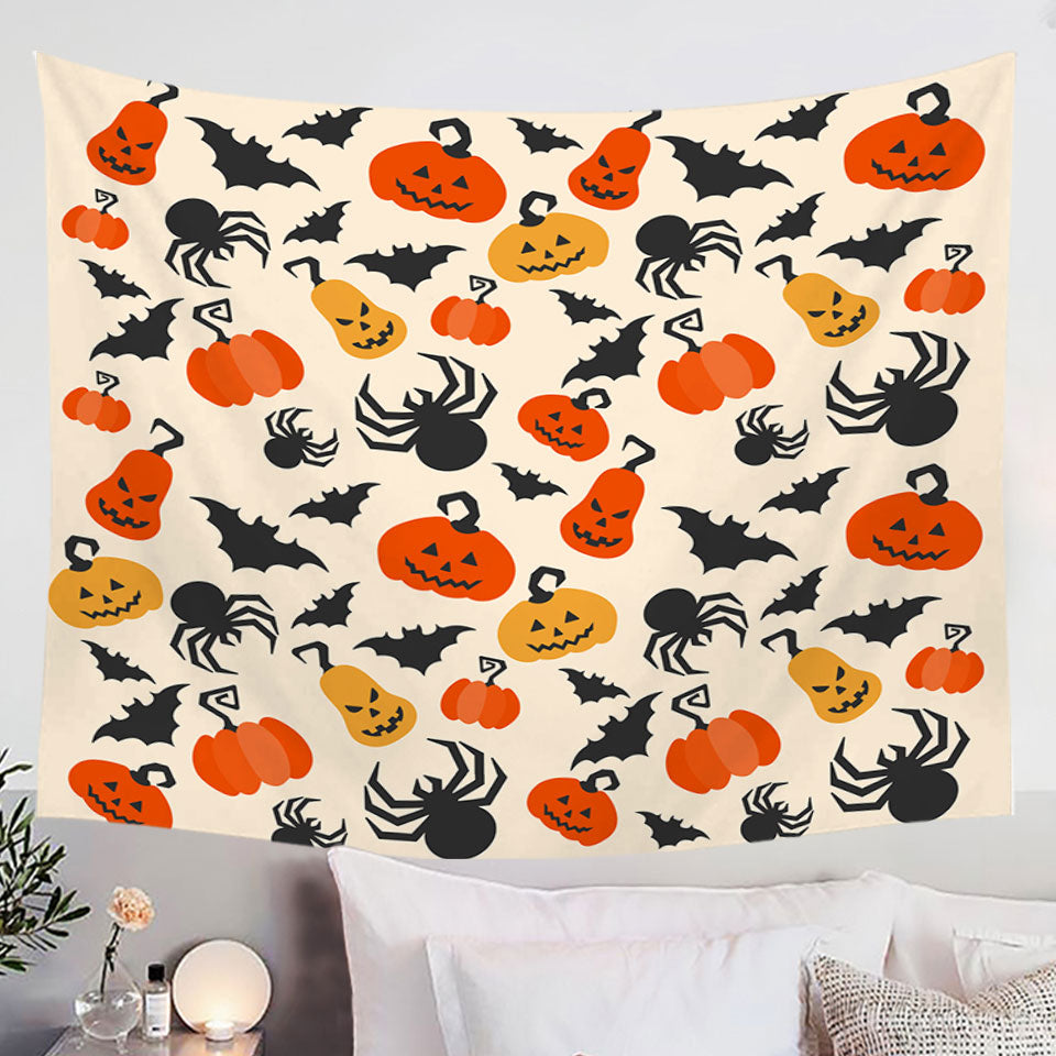Halloween Tapestry Wall Hanging Scary Pumpkins Bats and Spiders