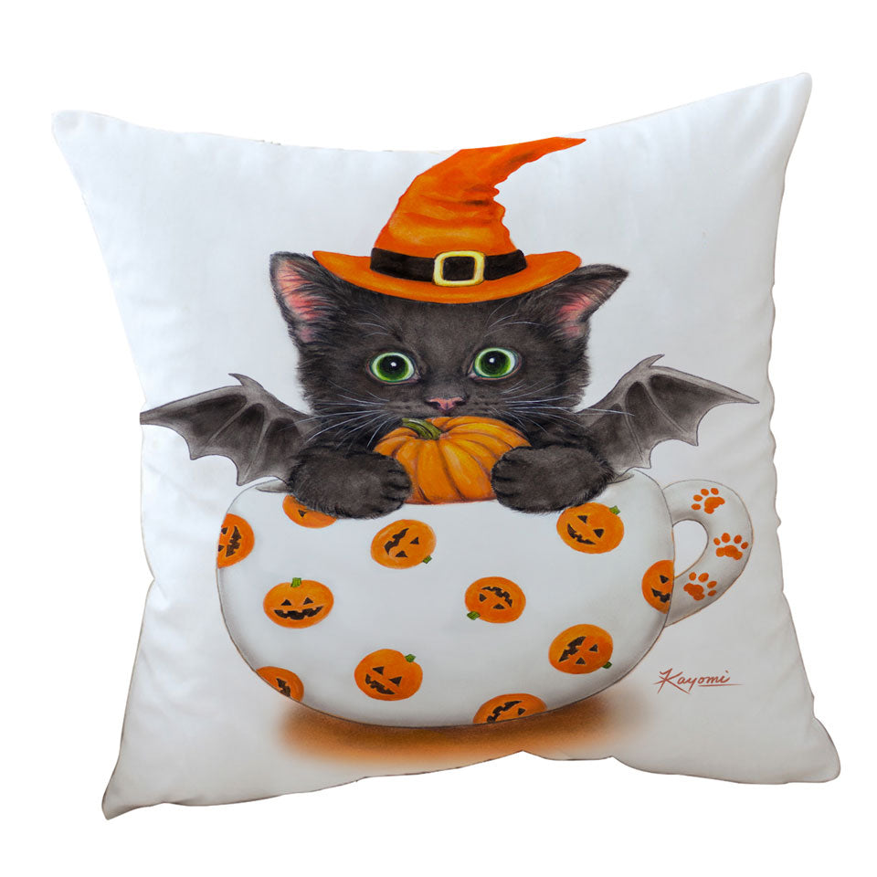 Halloween Throw Pillows and Cushions with Cat the Pumpkin Cup Bat Kitten