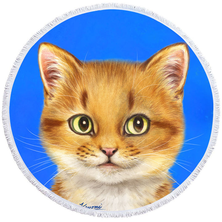 Handsome Ginger Cat over Blue Circle Beach Towel