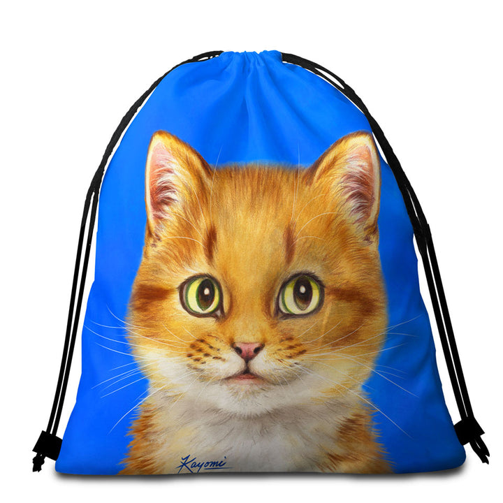 Handsome Ginger Cat over Blue Packable Beach Towel