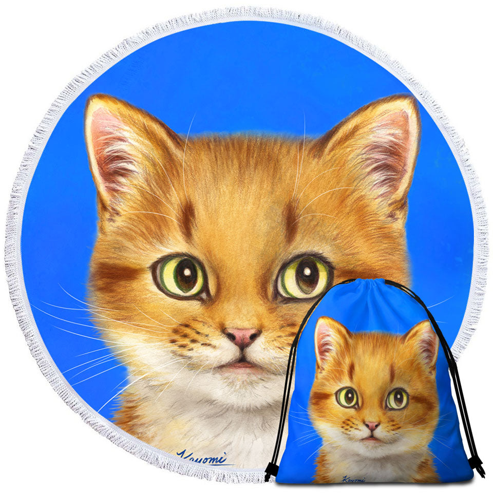Handsome Ginger Cat over Blue Round Beach Towel