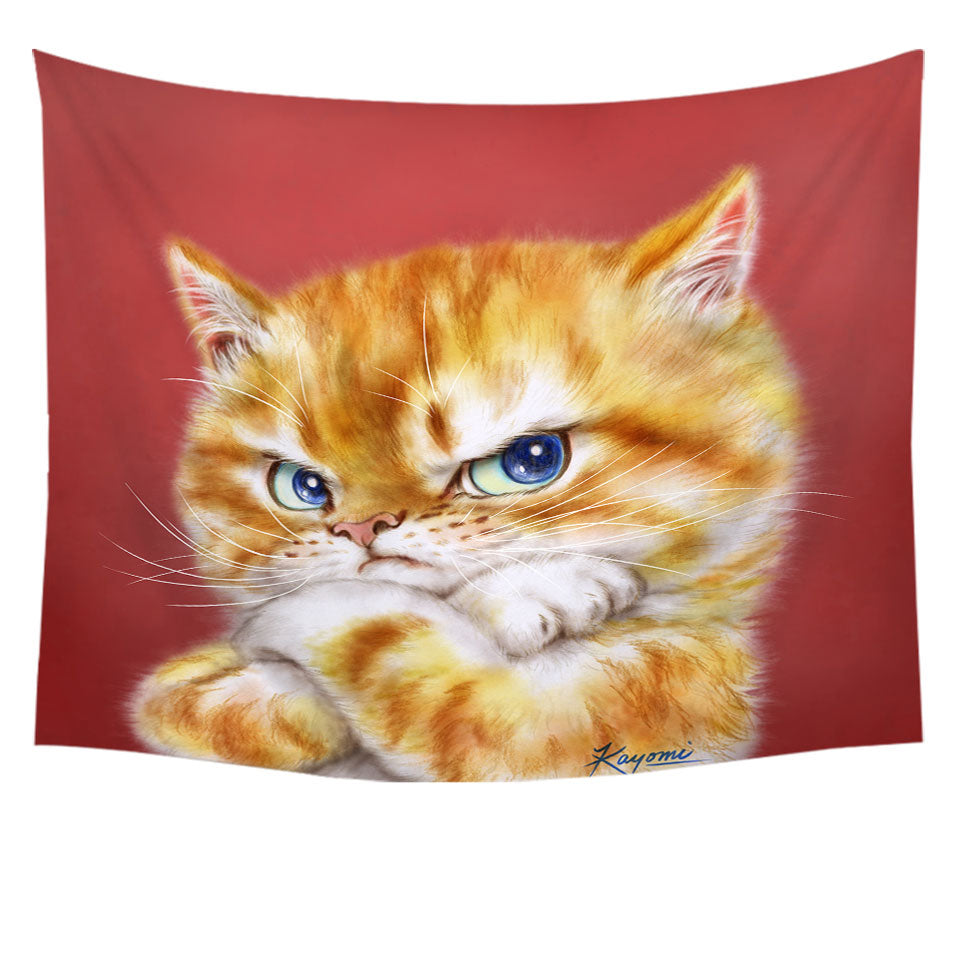 Hanging Fabric On Wall with Funny Cats Drawings Angry Cute Ginger Kitty