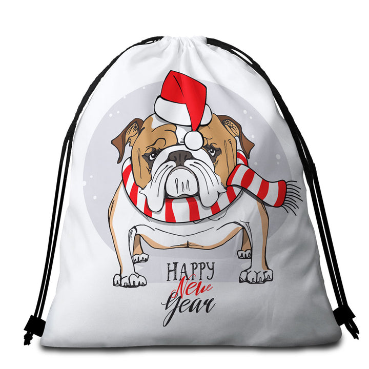 Happy New Year Funny Christmas Beach Towel Bags Tough Bulldog