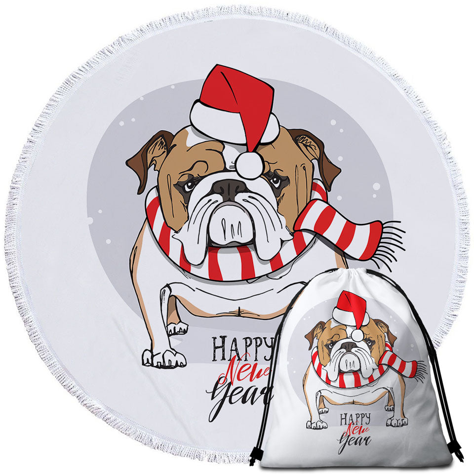 Happy New Year Funny Christmas Beach Towels Tough Bulldog