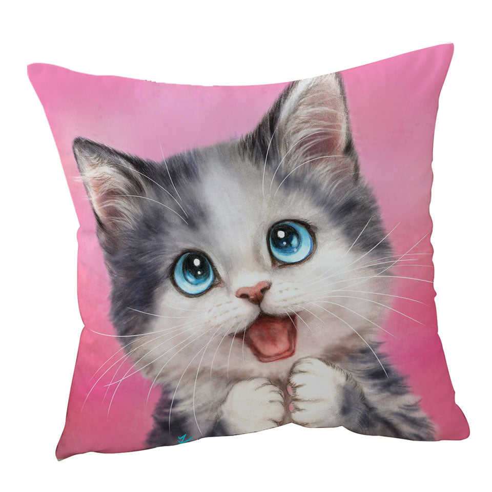 Happy Throw Pillow Little Kitty Cute Cats Prints