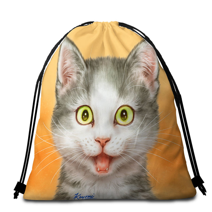 Happy and Joyful Grey Kitten over Orange Beach Towel Bags
