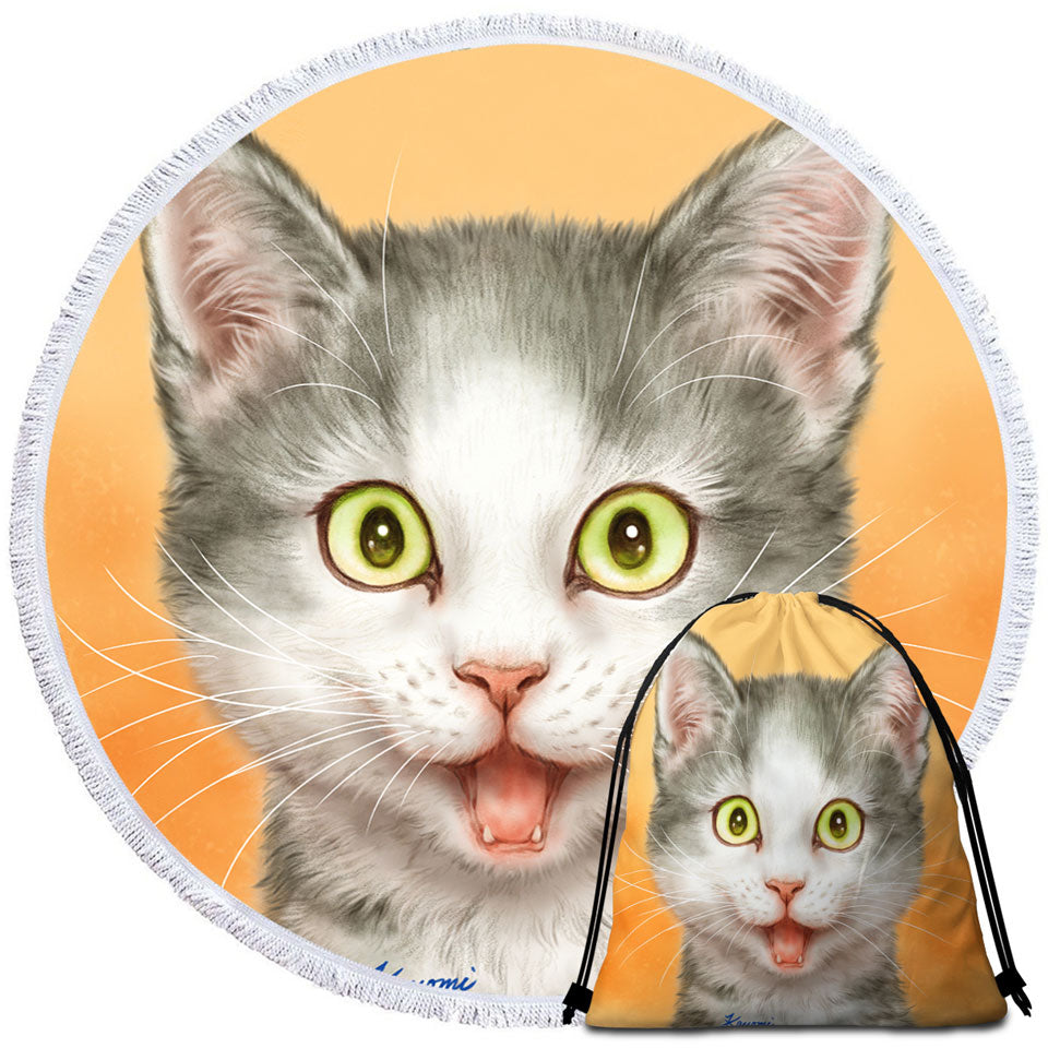 Happy and Joyful Grey Kitten over Orange Beach Towels and Bags Set