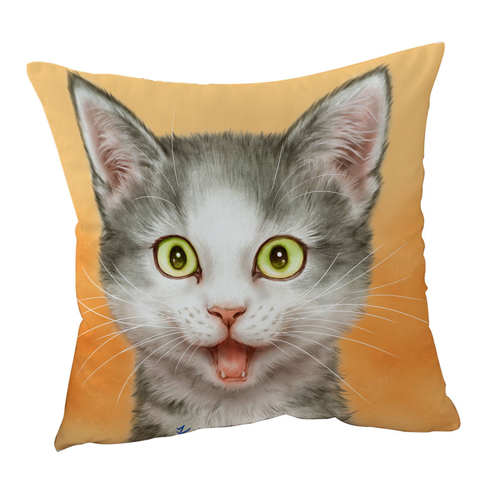 Happy and Joyful Grey Kitten over Orange Cushion