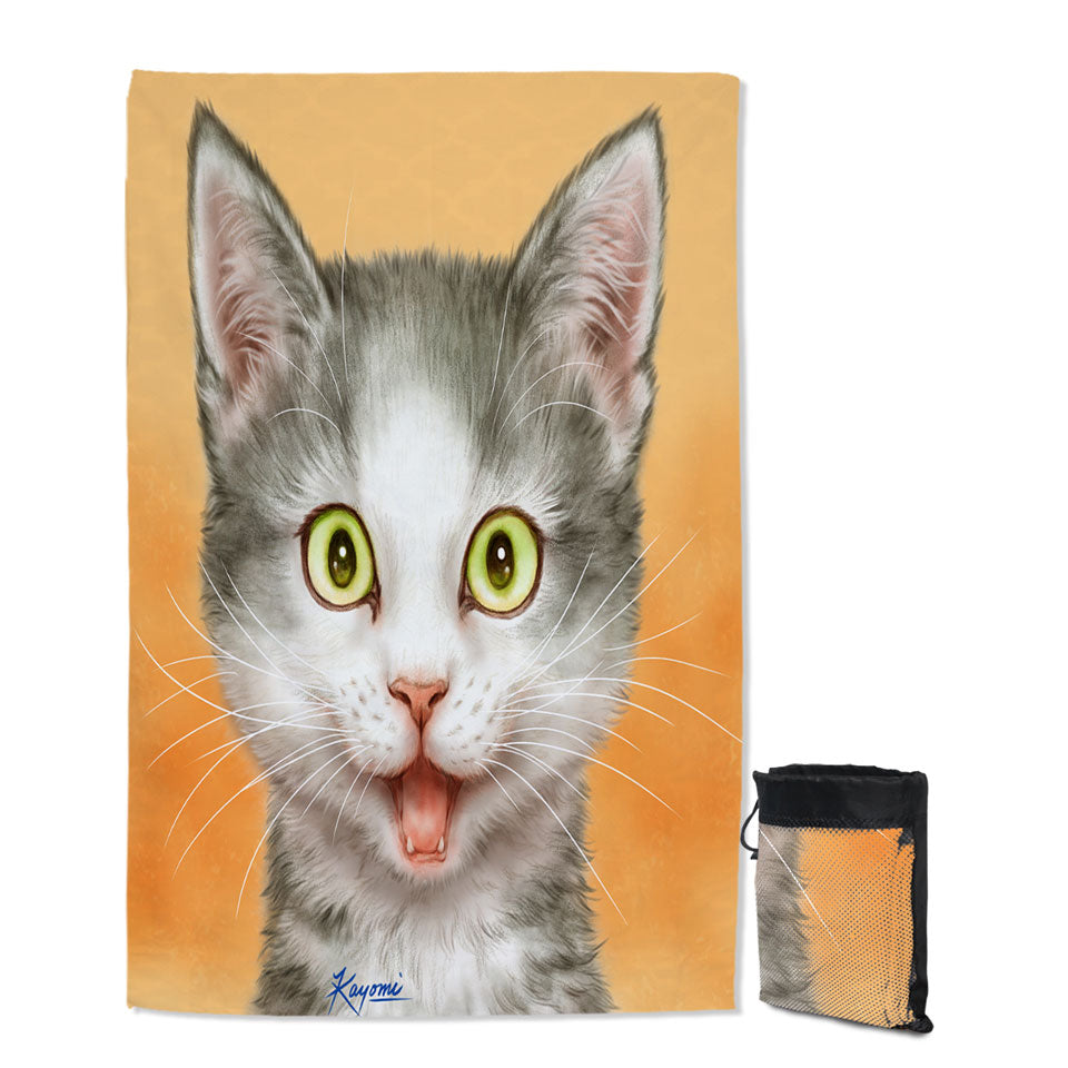 Happy and Joyful Grey Kitten over Orange Lightweight Beach Towel