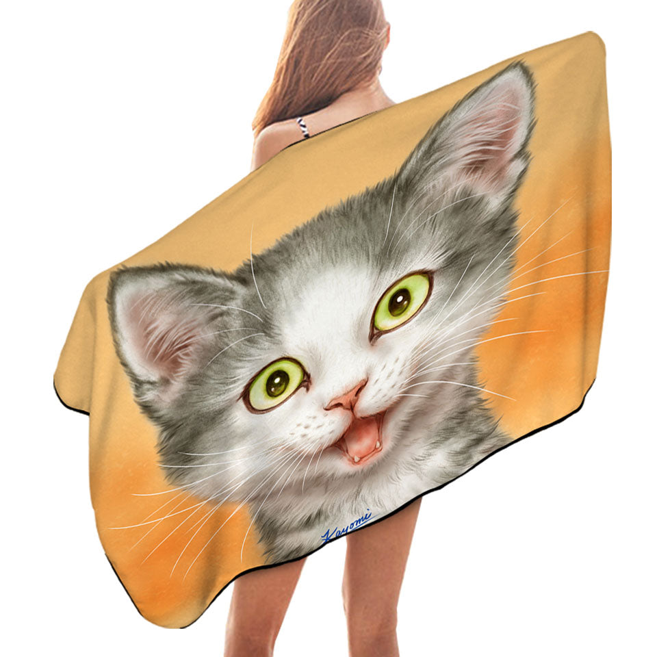Happy and Joyful Grey Kitten over Orange Microfiber Beach Towel