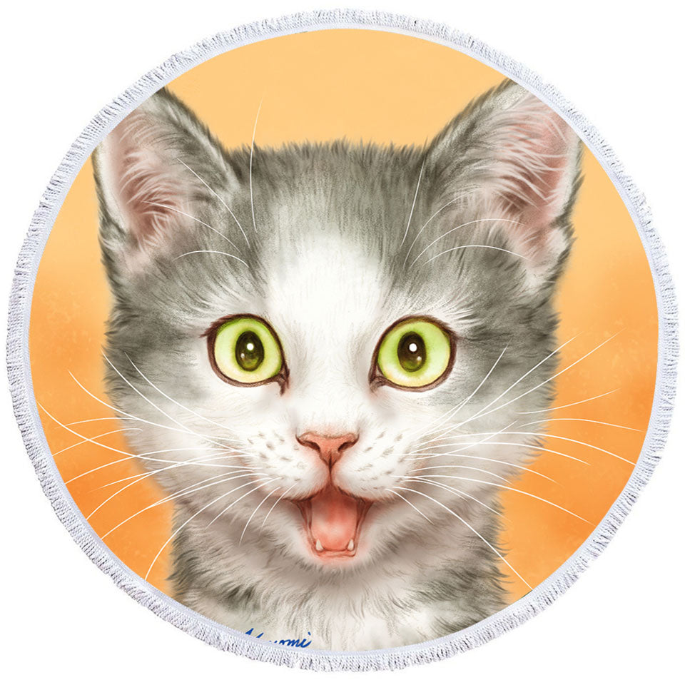 Happy and Joyful Grey Kitten over Orange Round Beach Towel