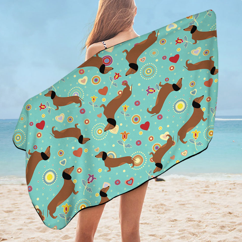 Heart Flower and Dachshund Microfibre Beach Towels