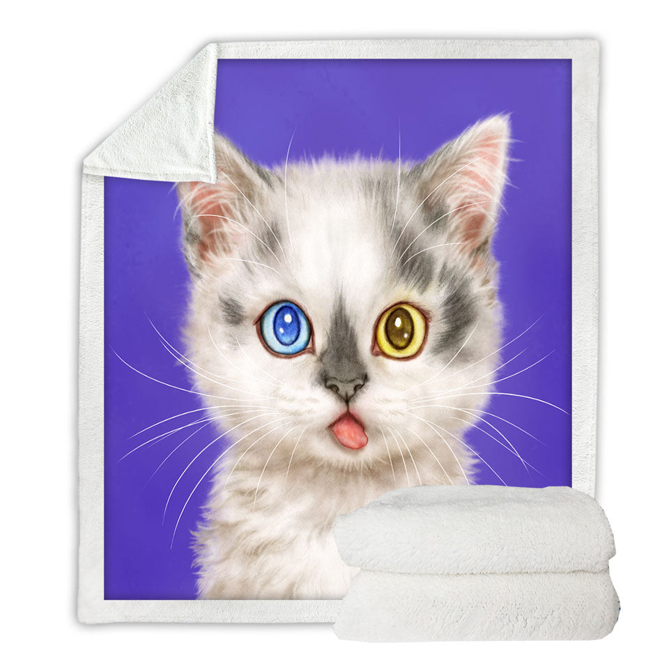 Heterochromia Eyes Sherpa Blanket White Grey Kitty Cat