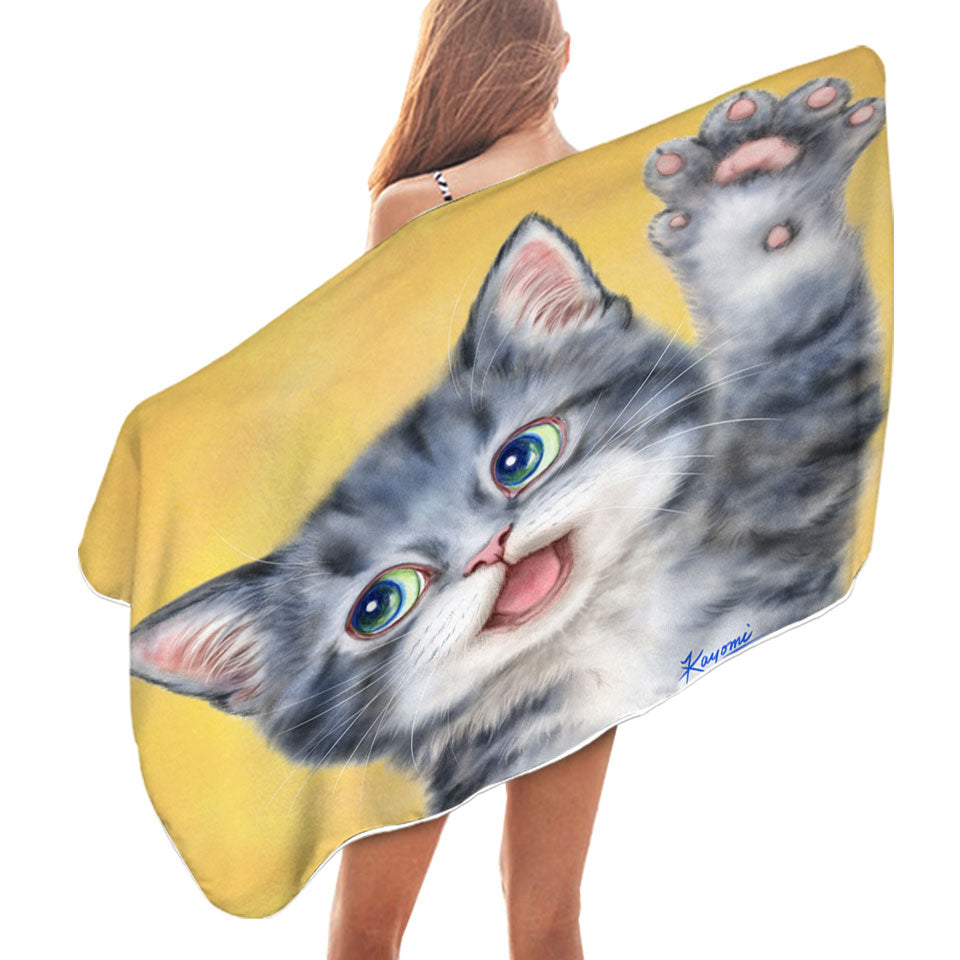 Hi Happy Beach Towels Cute Grey Kitty Cat