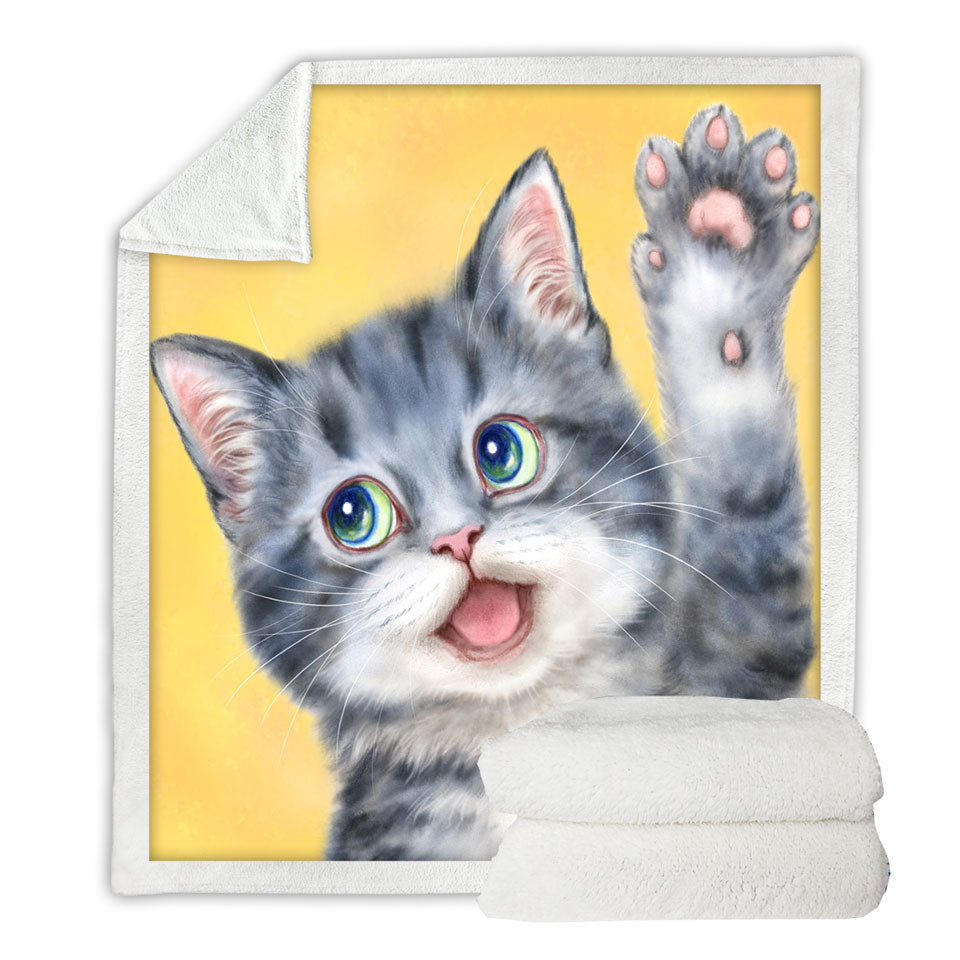 Hi Happy Sherpa Blanket Cute Grey Kitty Cat