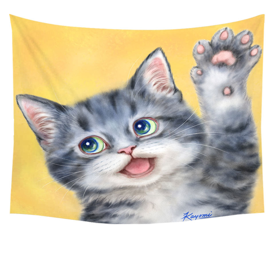 Hi Happy Tapestry Wall Decor Cute Grey Kitty Cat