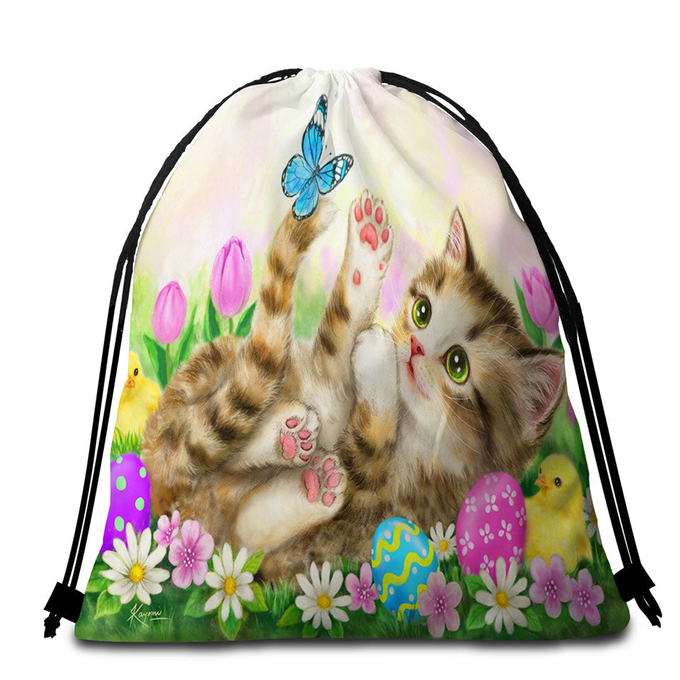 Holiday Beach Towel Bags Kitten and Chicks in the Easter Garden