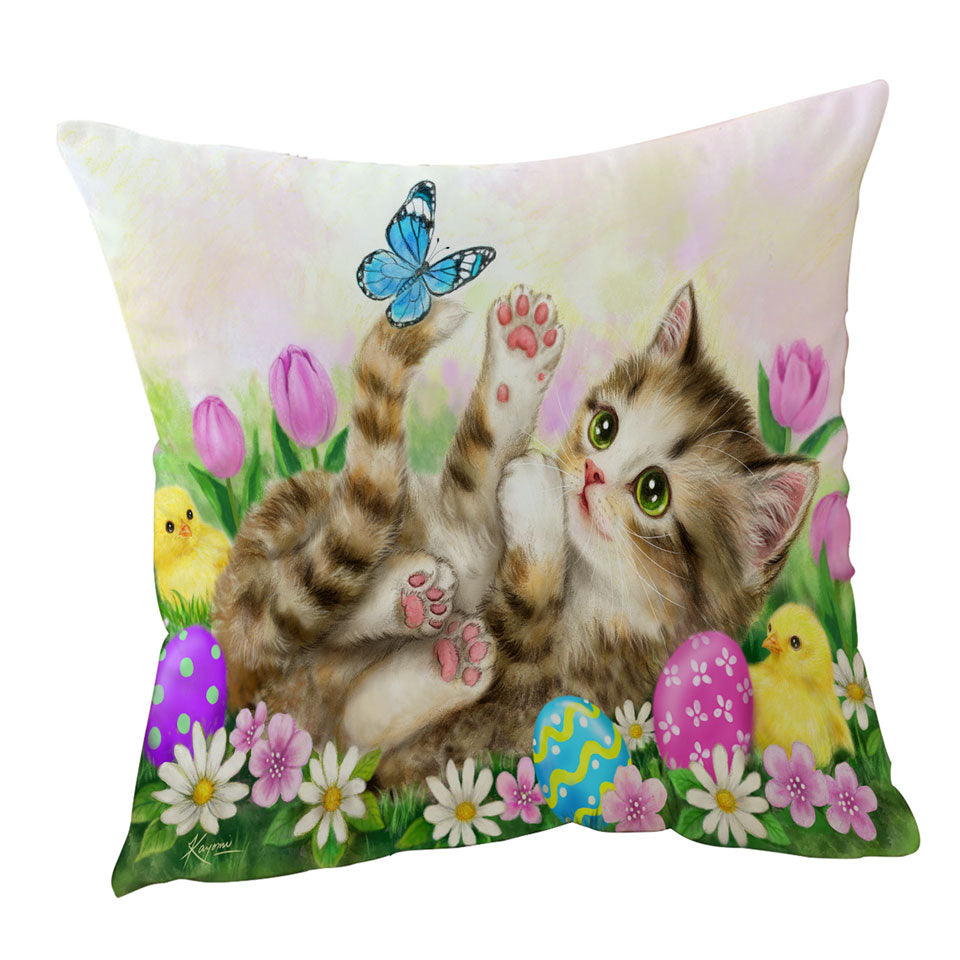 Holiday Decorative Cushions and Throw Pillows with Kitten and Chicks in the Easter Garden